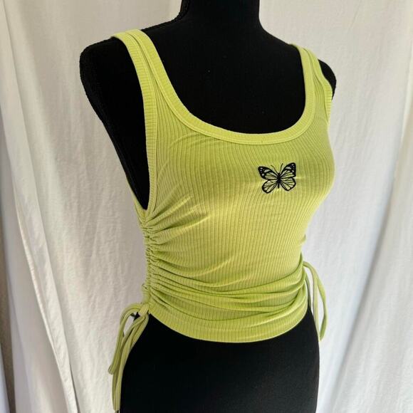 Forever 21 sz small Y2k butterfly embroidered crop top lime ruched ties fairy - Picture 5 of 7